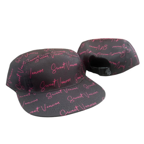 SVE Camper Hat featuring the Sweet Venom Basic Logo in an all-over script design in Neon Pink