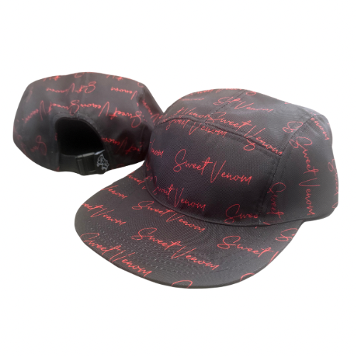 SVE Camper Hat featuring the Sweet Venom Basic Logo in an all-over script design in Red